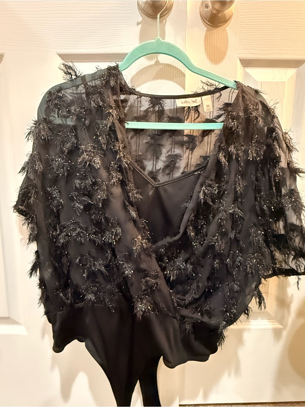 Willow Black Feather-Trim V-Neck Bodysuit